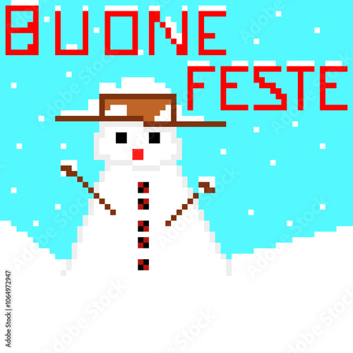 Sfondo con pupazzo di neve e la scritta Buone feste in pixel