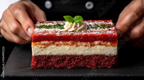 Layered Delights: A close-up showcasing a meticulously crafted red velvet cake, adorned with a creamy white frosting and a vibrant red layer, culminating in a refreshing mint garnish.