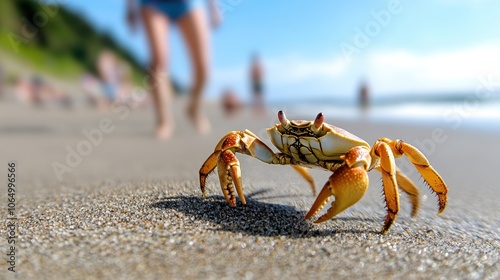 Beach adventure: crab scuttling on sandy shore with raised claws