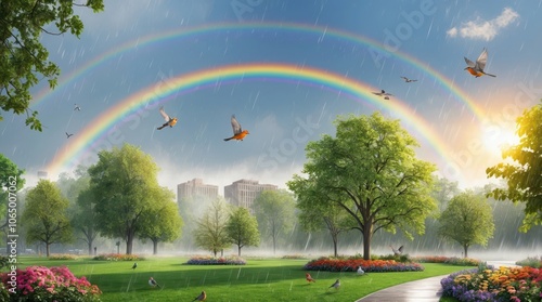 Spring season pubic park rainfall rainbow happy birds