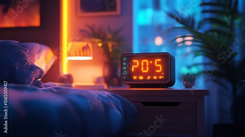 A digital alarm clock shows 2051 on a bedside table in a bedroom with blue and orange lighting.