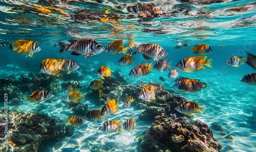 A medium shot capturing a school of fish swimming in unison in crystal clear blue waters