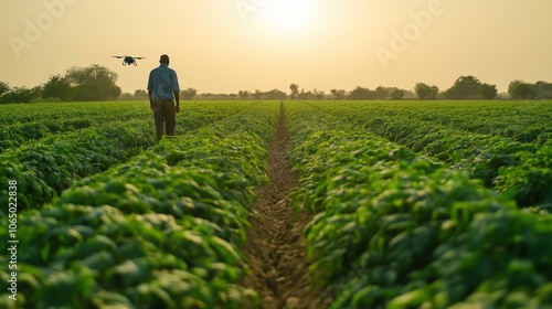 Farmer walks through green crop rows in a field, accompanied by a drone hovering above in the evening light