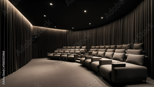 Hidden speakers plush seating and blackout curtains create a secluded cinematic space with a minimalist aesthetic