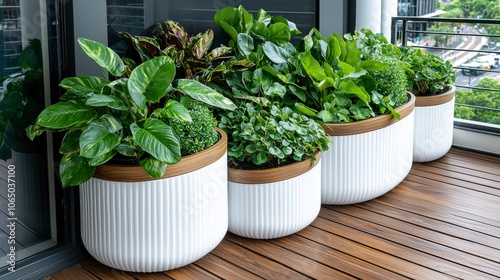 Stylish planters with lush greenery enhance a modern balcony's aesthetic and provide a fresh touch to outdoor living spaces.