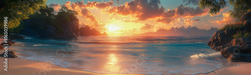 Tropical Sunset Paradise: Serene beach scene at sunset, with tranquil ocean waves lapping the shore, framed by lush tropical foliage. The warm golden light paints the sky in vibrant hues. 