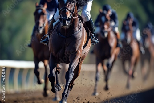 A thrilling scene of racing horses galloping on a track, their powerful muscles in motion as dirt flies, capturing the intensity and speed of the competition.