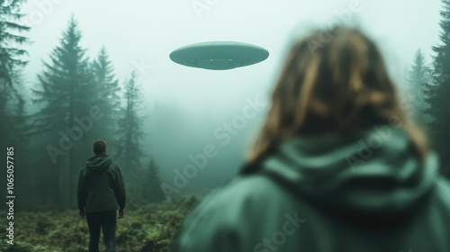 An enigmatic UFO hovering over a misty forest landscape, suggesting mystery, curiosity, and an interaction between unknown phenomena and the natural environment.