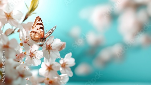 A vibrant butterfly rests on cherry blossoms amidst a bright light, embracing beauty, transformation, and the ephemeral nature of life's precious moments.