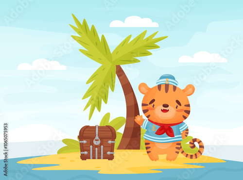 Cute Tiger Animal Pirate and Sea Robber on Island with Treasure Chest Vector Illustration