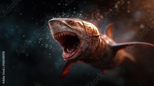 A shark adorned with peculiar accessories swims ominously underwater, its wide-open mouth revealing sharp teeth, set against a shadowy oceanic background.