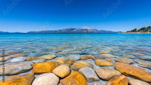 Serene Lake Tahoe Vista: Crystal-clear water laps gently against smooth, colorful stones, offering a breathtaking view of the majestic Sierra Nevada mountains under a brilliant blue sky.