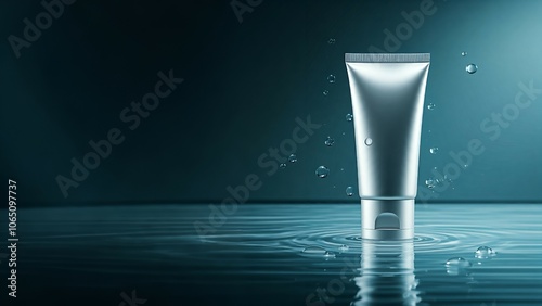 A skincare tube on a reflective wet surface with water droplets and a dark background.