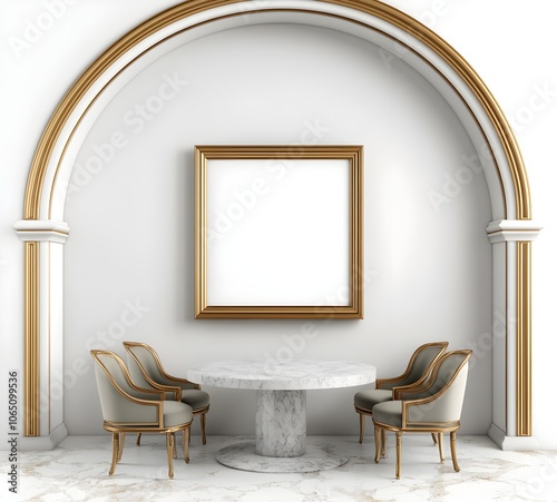 Luxury interior with gold-trimmed arch, table, and chairs