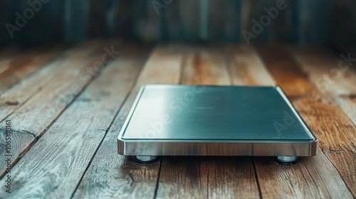 A sleek and modern stainless steel digital scale placed on a polished wooden floor, showcasing a minimalist design and precision in electronic measurement tools.