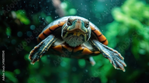 A turtle swims towards the camera in a clear underwater scene, showcasing its intricate patterns and features, symbolizing patience and peaceful existence.