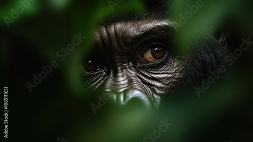 A gorilla's eyes, filled with mystery and intelligence, peer through dense foliage, symbolizing the wild's watchful spirit. The deep forest shadows enrich the scene.