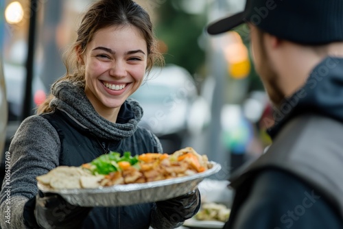 A joyful woman is seen handing a food platter to another individual at what seems to be a social event, exuding warmth and friendliness with her smile.