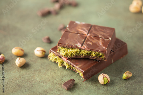 Dubai chocolate with green kataifi and pistachio paste. Trend dessert