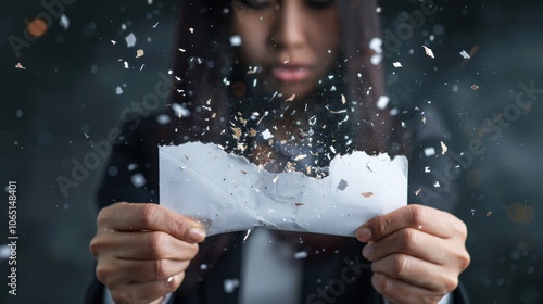 A woman tears a piece of paper, surrounded by floating fragments, conveying a sense of release or emotional catharsis in a moody atmosphere.