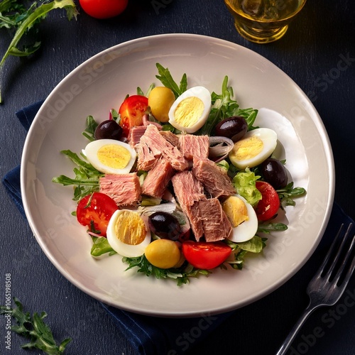 a beautifully plated nicoise salad with tuna eggs and a drizzle of olive oil