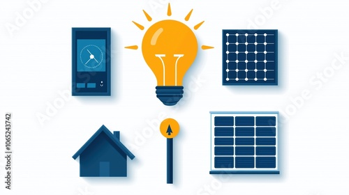 Renewable energy icons featuring solar panels, light bulb, home, and measurement tools on a white background.