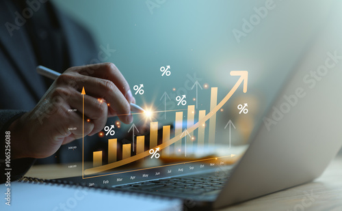 Business graph with percentage, special offer of shopping department store discount and tax concept, adjusting interest rates, raising interest rates to fight inflation, returns on investments.