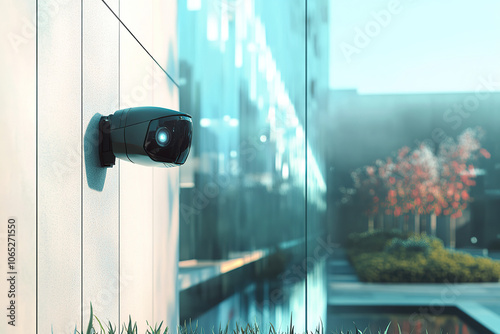 High-Tech Surveillance Camera on Corporate Building