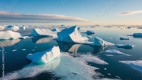 Aerial view of melting icebergs and cloud reflections over the Arctic Ocean during winter afternoons in remote polar regions.