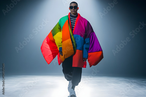 A latino man walks confidently in bold, colorful fashion, showcasing a striking oversized coat in a dramatic spotlight against a dark background