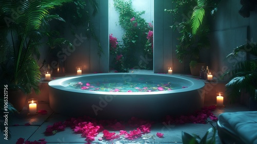 water wellness spa, bath with candles, aromatherapy oils, herbs, and flower petals, symbolizing relaxation and water wellness