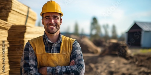 A smiling worker wearing safety gear stands against a construction site background, symbolizing dedication and satisfaction.