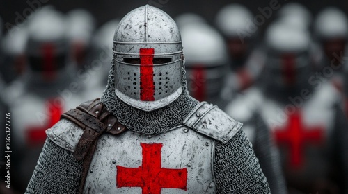 A knight in full armor with a red cross on his helmet stands in a line with other knights, ready for battle.