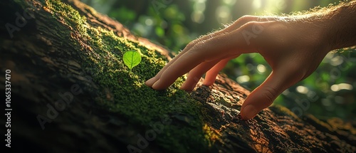 A hand gently touching a fresh green leaf on the mossy surface of a tree trunk in a sunlit forest.