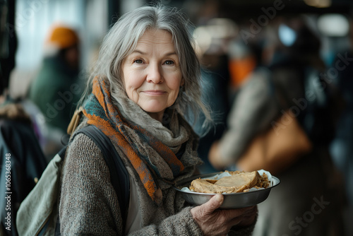 A homeless woman with grey hair holding meal in food distribution center 