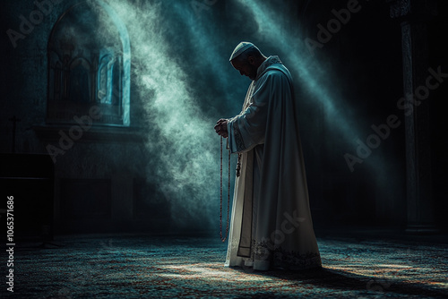 Priest preaching, portrait of man in clergy robe, delivering gospel message of faith and catholicism.