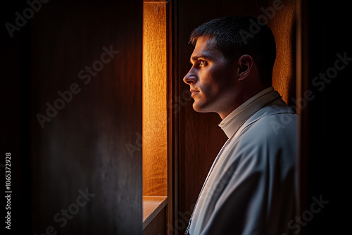 priest in the confessional, Catholic priest in booth, solemn sacrament