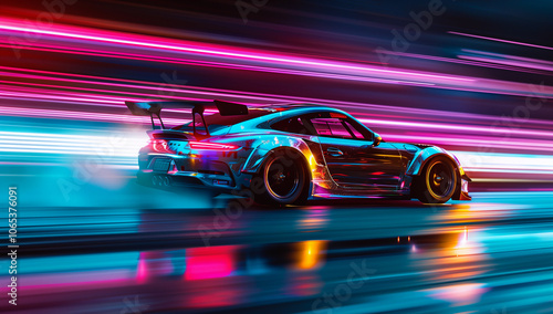 A racing car zooms through neon-lit streets, leaving a vibrant motion blur