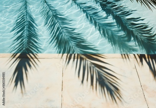 Palm tree shadows on the edge of an outdoor pool, summer vacation concept