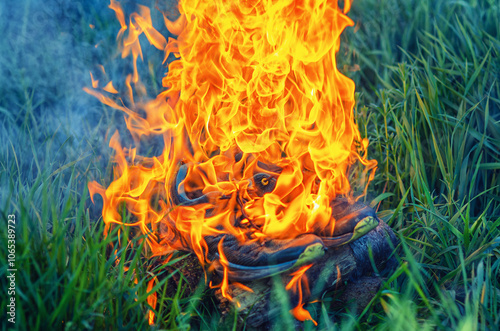 Fiery orange sneakers on grass, blazing running shoes in flames for a dynamic sports concept