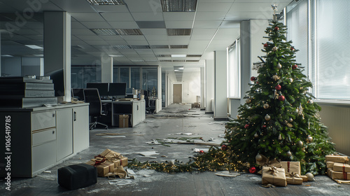 A modern office looks untidy after a wild Christmas party, with discarded decorations, bottles and glasses strewn about, wide landscape 16:9 with copy space