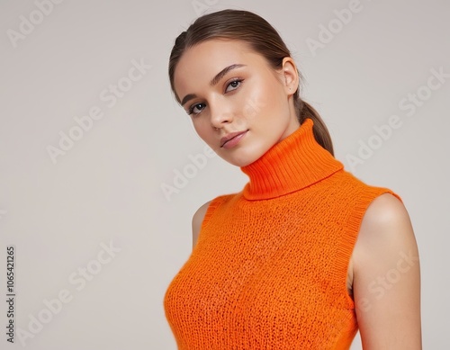 A beautiful young woman of Eastern European descent wearing a vibrant orange turtleneck sweater, showcasing elegance.