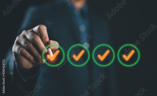 Quality check, Businessman makes a checklist Assessment and questionnaire, businessman using smartphone to do online survey, online digital form check mark Choose the correct answer on the exam.