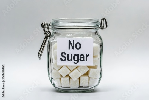 Glass jar filled with sugar cubes displaying a contradictory no sugar sign on white background healthy eating concept