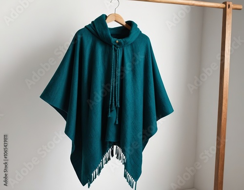 Stylish teal poncho with hood and tassels hanging on a wooden rack.