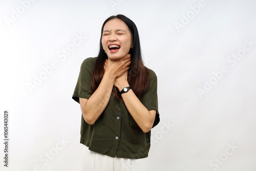 Young hispanic woman wearing casual shirt shouting and suffocate because painful strangle. health problem. asphyxiate and suicide concept.