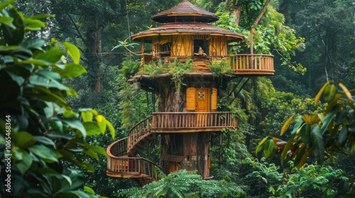 A whimsical treehouse with birds nesting and singing, surrounded by lush greenery