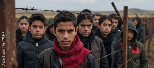 Refugees in an exile camp confined by barbed wire and fences symbolizing illegal immigration and human rights issues