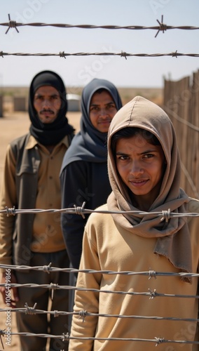 Refugee life depicted through images of exile camps border fences and barbed wire highlighting themes of illegal immigration human rights and racial discrimination