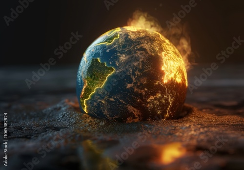 3D render of melting Earth depicting global warming in 2059